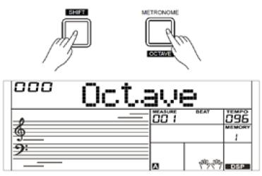 Nastavení týkající se efektů Oktáva 1. Podržte stisknuté tlačítko [SHIFT] a stiskněte tlačítko [OCTAVE], pro výběr menu Octave. Displej zobrazí xxx Octave. 2.