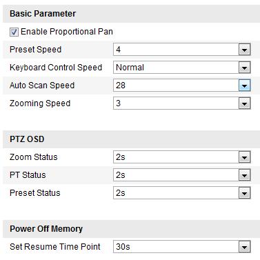 37 Kapitola 5 Konfigurace PTZ 5.1 Konfigurace základních parametrů PTZ Účel: Můžete nastavit základní parametry PTZ včetně proporcionálního otáčení, zmrazení předvolby, rychlosti předvolby atd. 1.