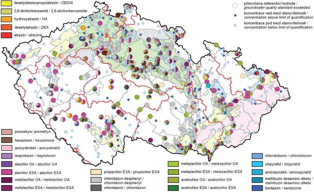 Obr. 4 Pesticidy v podzemních vodách v roce β01γ Ělátky, které p ekročily retenční hodnotu ve β a více objektech monitorovací sít ě [9] 2.