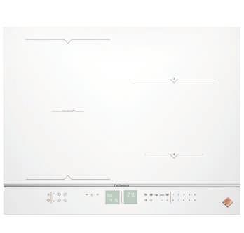 INDUKČNÍ VARNÁ DESKA HORIZONE 65 CM DPI7686WP Provedení bílé sklo + přední dekorativní lišta 4 nezávislé varné zóny: horizone 5 kw, 16 cm / 2,4 kw a 23 cm / 3,7 kw Celkový příkon 7,4 kw 20 stupňů