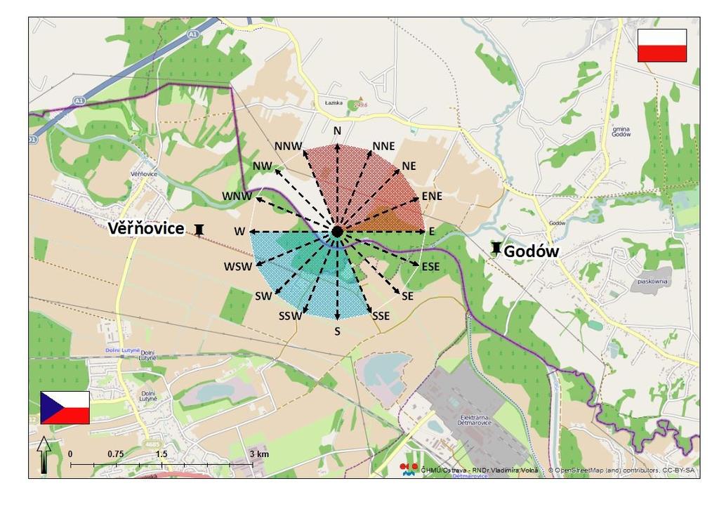 Obr. 1 Transhraniční směry větru v úseku státní hranice mezi Věřňovicemi a Godówem Tab.