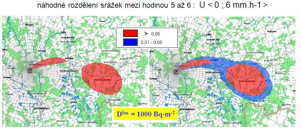 Obr. 6: 2-D zobrazení pravděpodobnostních linií vyjadřujících s jakou pravděpodobností depozice 137 Cs v dané oblasti přestoupí limit D lim