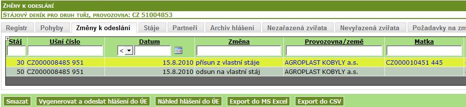 1 Kliknu na řádek s pohybem, který chci zrušit řádek se zažlutí. 2 Kliknu na tlačítko SMAZAT 5.3.2. Oprava pohybu odeslaného do ÚE z prostředí stájového registru 1.