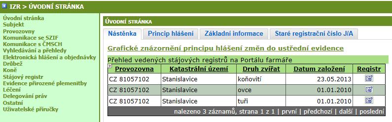 2.2.2. Postup ukončení SR 4. V levém menu stisknu odkaz Stájový registr a z rozbaleného menu vyberu Seznam registrů. Na další obrazovce vyberu druh zvířat a pokliknu na ozubené kolečko. 5.