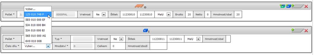 10d. Vyplňte povinné údaje zde na jedné paletě je 5 beden, v jedné bedně je 200 dílů V dodávce Počet Typ Vratnost Štítek Hmotnost/obal