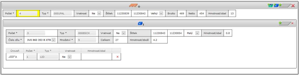 2: 4 palety, na každé jsou 3 bedny, na každé bedně jedno víko (celkem 4 palety, 12 beden a 12 vík) 4.2.2 Připojení položky na DL Připojit položku na DL je možno pouze: na aktuálně otevřeném DL na obrazovce viz 4.