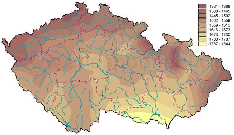 Obr. 3.6 Roční průměrný úhrn doby trvání slunečního svitu, převzato z [16