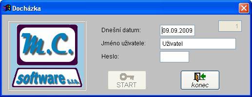 2.5. První spuštění Pokud na ploše dvakrát klikneme na odkaz DOCHÁZKA, objeví se na ploše přihlašovací obrazovka programu, která obsahuje datum, jméno uživatele a heslo.