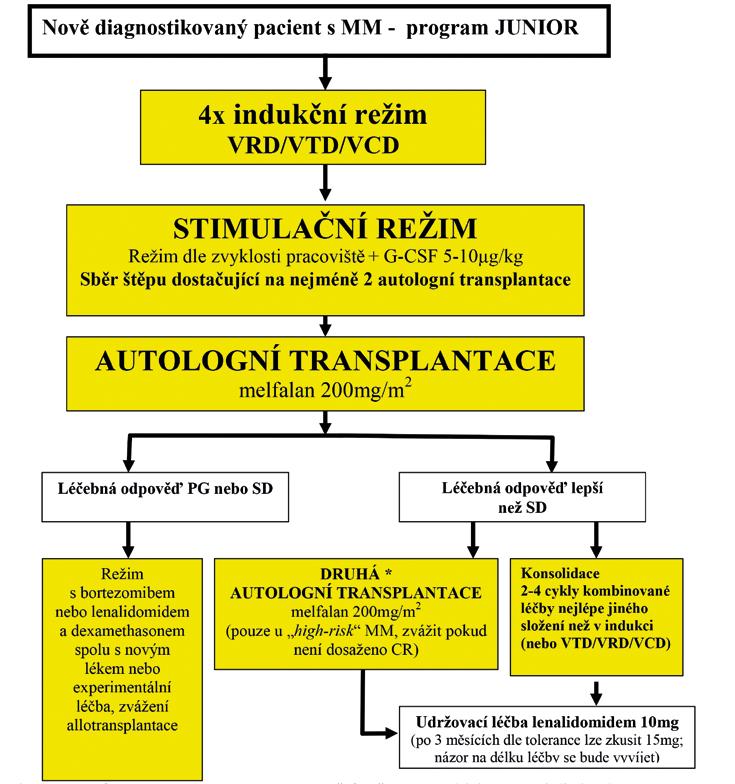 *Jak autologní transplantace, tak konsolidace jsou možnosti volby dalšího postupu, je-li cílem dosažení hluboké remise (kompletní remise potvrzena průtokovou cytometrií nebo metodami molekulární