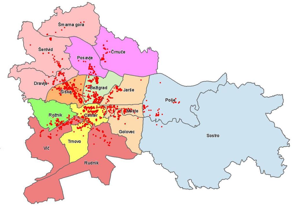 SLIKA 12: Analitična območja mestnih četrti in v analizi uporabljenih prodaj stanovanj za Mestno občino Ljubljana 3 V analizi podatkov občino Ljubljana sestavlja 8 analitičnih območij na podlagi