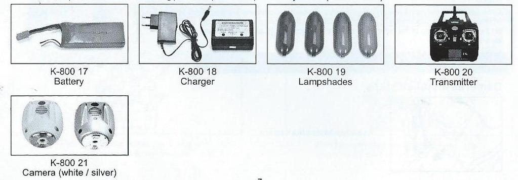 Battery- baterie Charger- nabíječka Lampshades- kryty světel Transmitter- dálkové