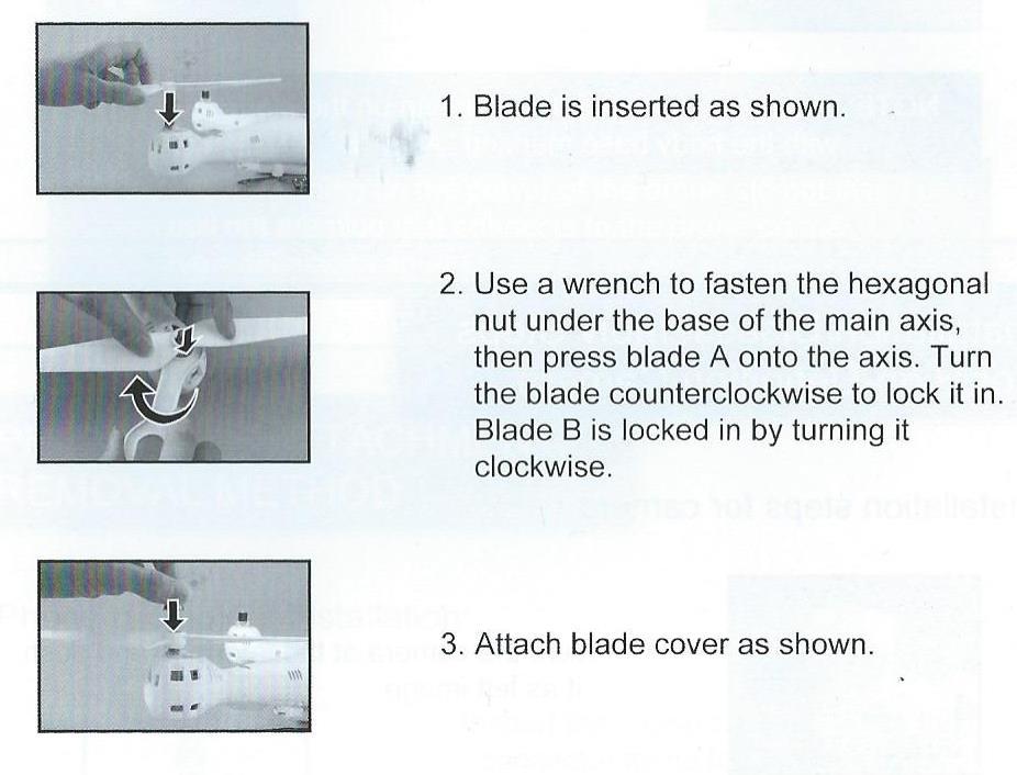 2. Pomocí šestihranného montážního klíče upevněte šroub a následně lehkým tlakem osaďte list vrtule A na osu a otáčením proti směru hodinových ručiček ji