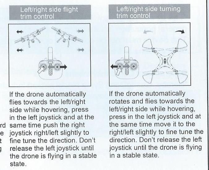Citlivé nastavení otáčení doleva, nebo doprava Když se kvadrokoptéra v letu točí směrem doleva, nebo doprava od rovného směru bez toho, aby byl tento manévr prováděn: Je nutné citlivě upravit pohyb a