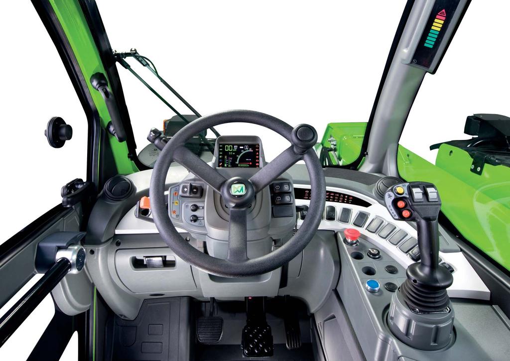 4 Standardní kabina Nejširší kabina ve své kategorii 1. joystick s voličem směru jízdy (volič také na sloupku volantu): ergonomie a jednoduché ovládání 2. výkonný systém topení/klimatizace 3.