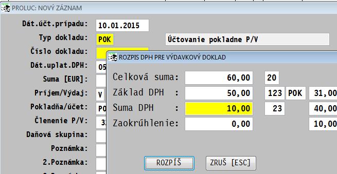 K rozpisu dokladu na viac položiek (rozúčtovanie základu na viac položiek), na druhý a ďalší riadok sa používa kláves <R>. Vtedy program vytvorí nový riadok, ale so zopakovaním čísla dokladu.