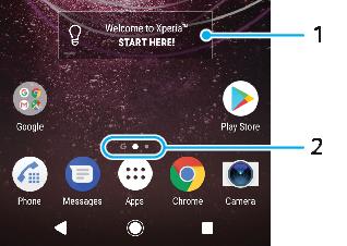 Přehled obrazovky Plocha 1 Widget Welcome to Xperia ťuknutím widget