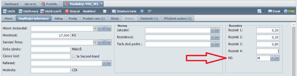 Produkty Rozměry Do doplňujících informací produktů byl doplněn vstup pro jednotku rozměru.