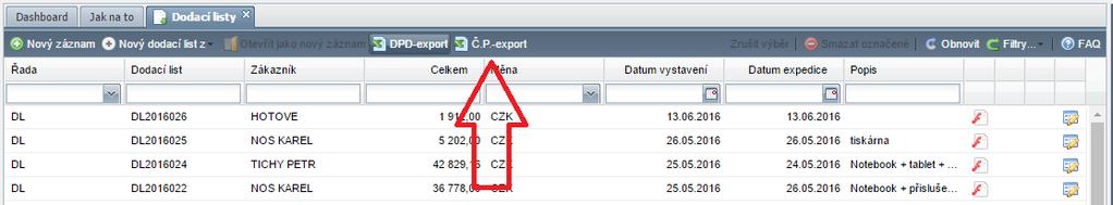 Dodací listy Do seznamu dodacích listů byl doplněn export dat pro přepravu Českou poštou.