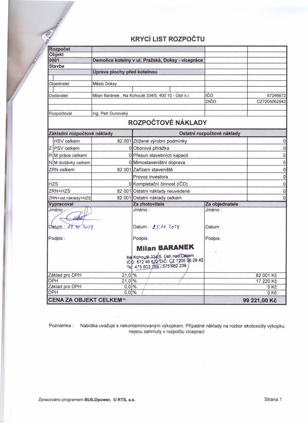 KRycí LIST ROZPOČTU Rozpočet Objekt 0001 Demolice kotelny v ul.