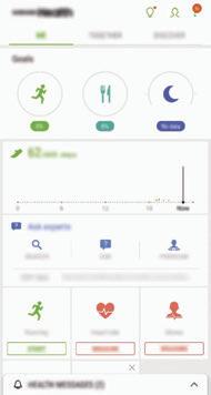 Aplikace a funkce Používání aplikace Samsung Health Zde můžete zobrazovat hlavní informace z menu a nástrojů pro sledování aplikace Samsung Health a sledovat tak své zdraví a formu.