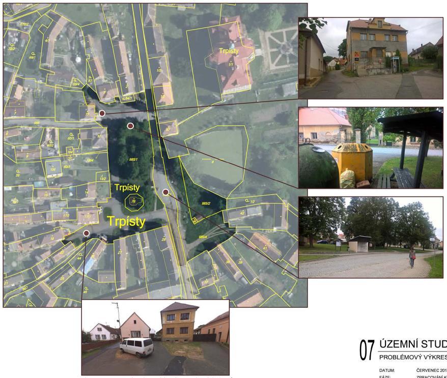 Střed návsi tvoří park přibližně obdélníkového půdorysu, kolem kterého je vedena komunikace. Z této zpevněné asfaltové komunikace jsou zajištěny přístupy na okolní pozemky, ty jsou zpravidla zpevněné.
