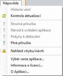 Zobrazí podrobnosti o rozsahu a platnosti licence Zobrazí podrobnosti o verzi a původcích aplikace Stavový řádek - zvolený uživatel aplikace - zvolený slovník (komplet) - akustický model muž/žena -