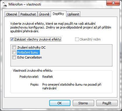 Pokud jsou v ovládání zvukové karty dostupné různé efekty, např. potlačení šumu apod., je je vypnout, protože velmi negativně oblovňují vlastnosti zvuku a tím i kvalitu rozpoznávání.