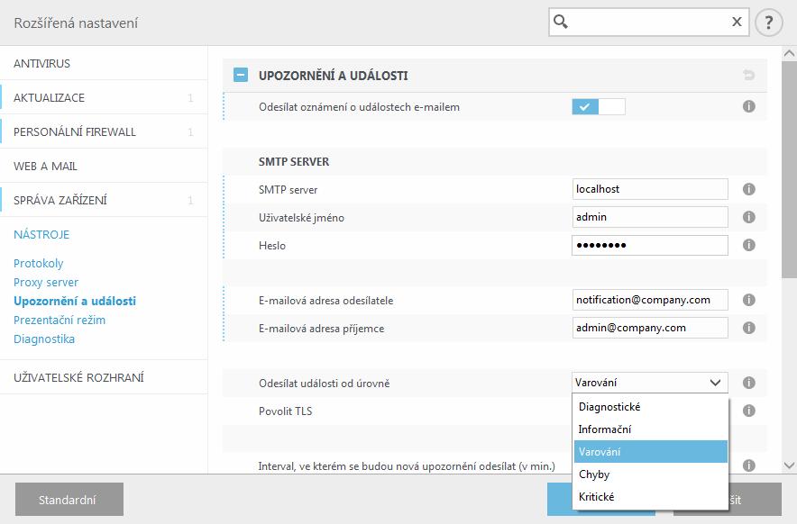 3.9.6.11 Upozornění a události ESET Endpoint Security dokáže odesílat e-maily při výskytu události s nastavenou úrovní důležitosti.