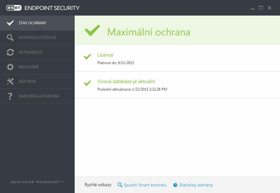 3.7 Začínáme Tato kapitola poskytuje první seznámení s produktem ESET Endpoint Security a jeho základním nastavení. 3.7.1 Seznámení s uživatelským prostředím Hlavní okno produktu ESET Endpoint Security je rozděleno na dvě hlavní části.