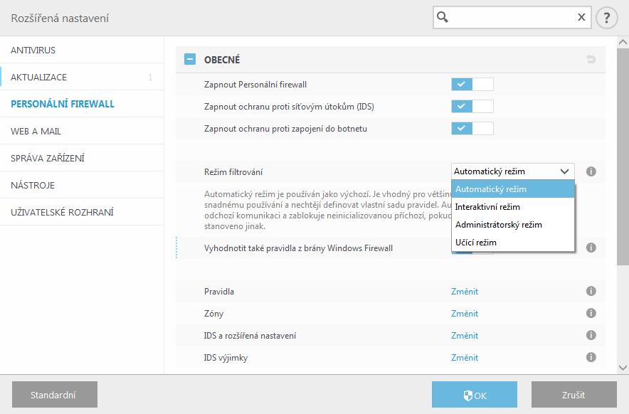 Personální firewall v ESET Endpoint Security může pracovat v několika režimech filtrování.