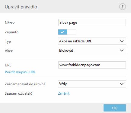 Seznam pravidel obsahuje některé popisy, jako např. název, typ blokování, akci, která se má provést při přístupu na danou stránku a úroveň protokolování.