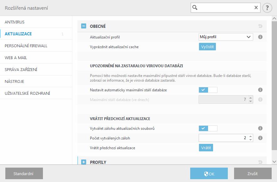 Pokud kliknete na Vrátit předchozí aktualizaci (Rozšířená nastavení (F5) > Aktualizace > Vrátit předchozí aktualizace), je potřeba z rozbalovacího menu Pozastavit aktualizace vybrat interval, který
