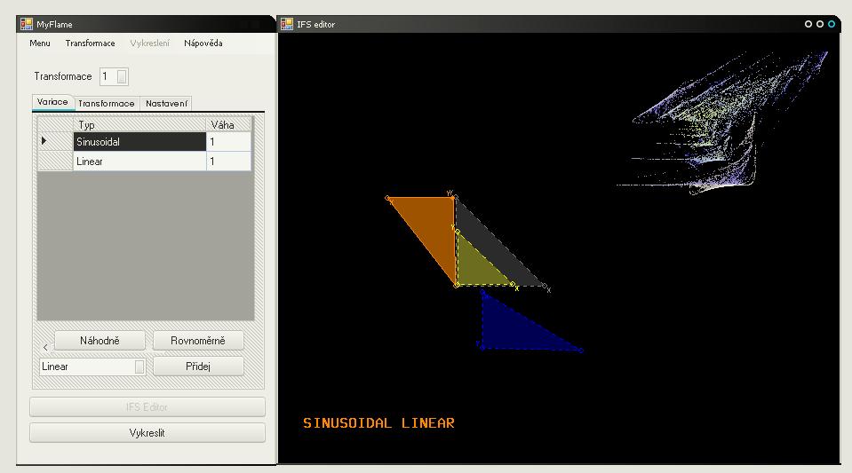 Obrázek 9.1: Screenshot z programu MyFlame, práce s editorem transformací.