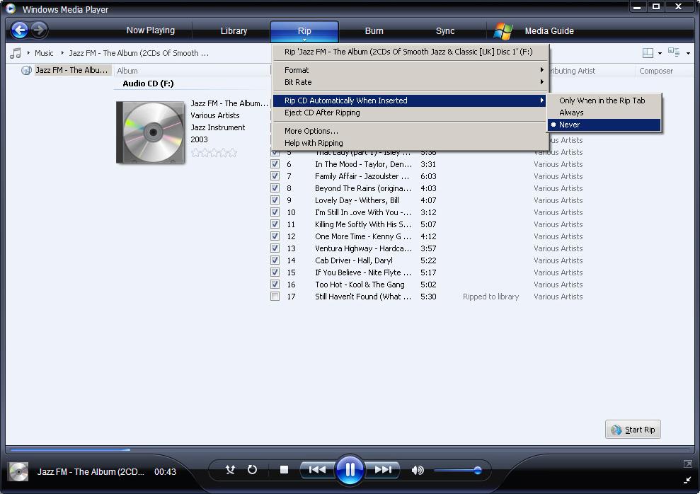 4 Vložte audio CD do CD mechaniky počítače. > Zobrazí se všechny stopy z CD. Windows Media Player začne přetahovat všechny písně z CD.