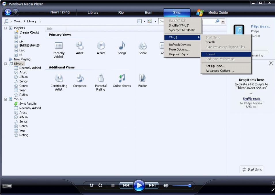 4.5.6 Formátování přehrávače pomocí Windows Media Player Pevný disk přehrávače můžete přeformátovat, čímž vymažete všechna data. 1 Spusťte Windows Media Player.