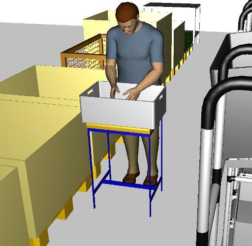 Z uvedeného důvodu byla tato pozice pro zjednodušení modelována již s navrhnutým zlepšujícím opatřením pojízdným vozíčkem, kam je umisťován prázdný KLT