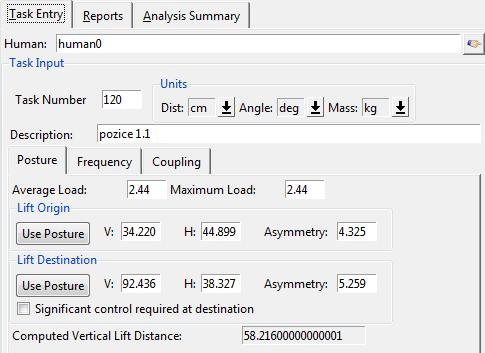 Pro provedení analýzy NIOSH bylo nejprve nutné vyplnit vstupní formulář s podrobnými informacemi o analyzovaném problému. První záložka formuláře se nazývá Posture a je znázorněna na Obrázku 3-4.