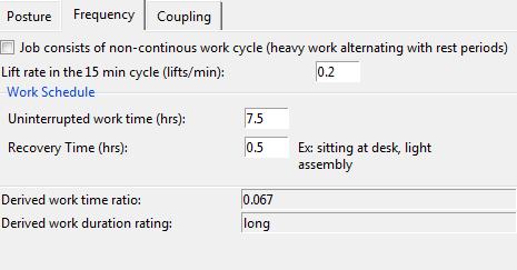 Obrázek 3-6: Vstupní hodnoty metody NIOSH Frequency Poslední záložkou, jejíž údaje zůstávají opět stejné pro všechny analyzované polohy, je Coupling.