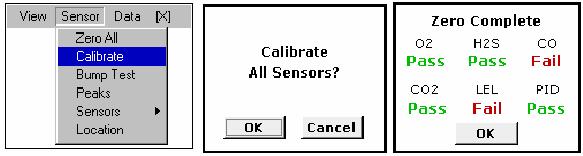 Pokud uţivatel vybere moţnost OK, jsou všechny nainstalované senzory nejdříve vynulovány (podle krokŧ moţnosti Vynulovat vše) a poté je provedena jejich kalibrace.
