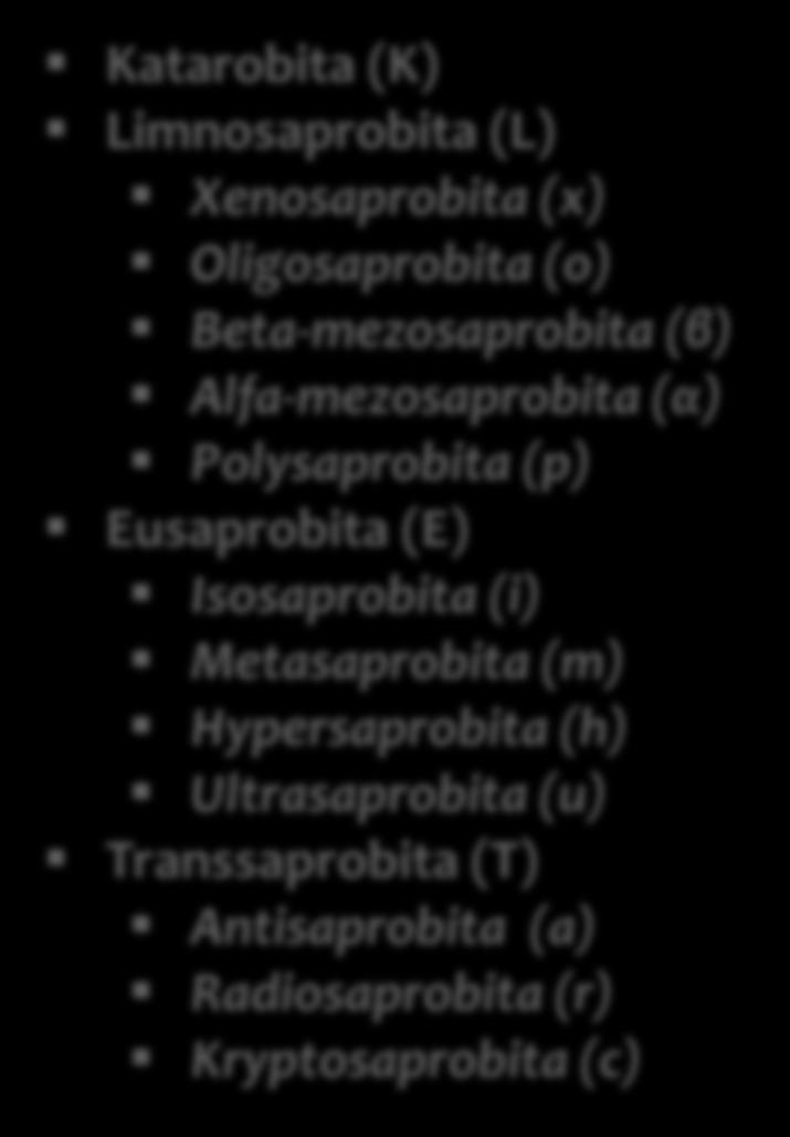 Hypersaprobita (h) Ultrasaprobita (u) Transsaprobita (T) Antisaprobita (a) Radiosaprobita (r) Kryptosaprobita (c)