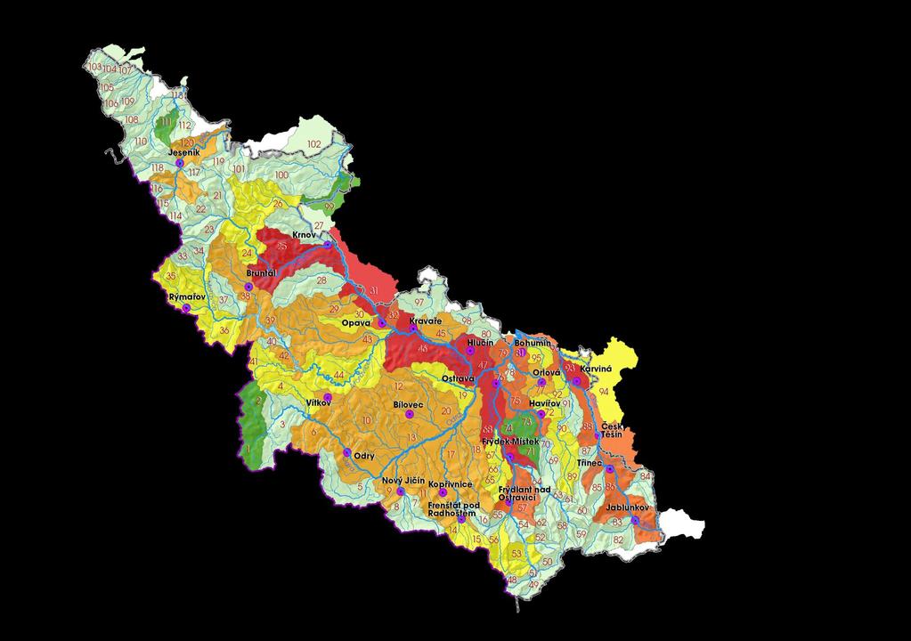 Souhrnná mapa znázorňující počet problémů v jednotlivých vodních útvarech V mapě nejsou zahrnuty následující obecné problémy pro celou oblast povodí Odry, kterými jsou : - Nedostatečné