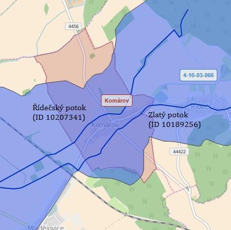 Obrázek 5: Vodní toky v obci Komárov, zdroj: www.edpp.