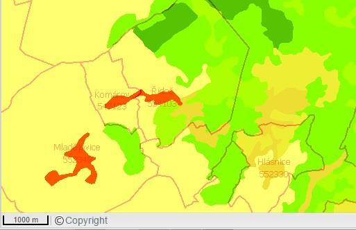 Obrázek 11: Mapa využití půdy dle Corine land cover 2012 (žlutá plocha značí ornou půdu, tmavě žlutá různorodé zemědělské plochy, červené plochy značí obytné plochy a zelené lesní půdu), zdroj : mapy.