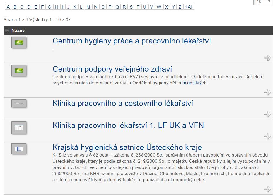 Obrázek 13 - Ukázka testu Adresář institucí je zpřístupněn pomocí komponenty JooDatabase, která zobrazí data z externí SQL databáze.