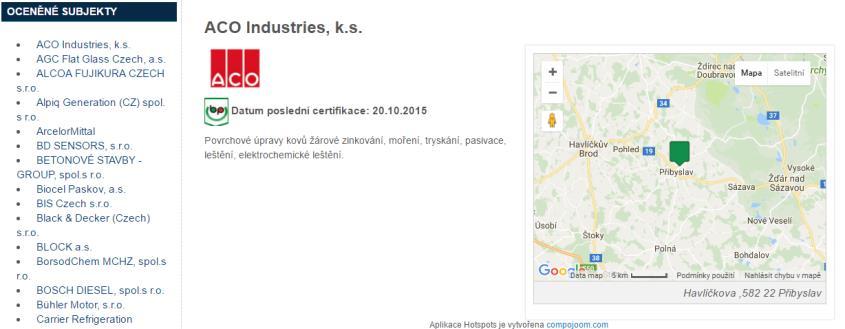 Mapová aplikace ocenění v BOZP je zrealizována v komponentě Hotspots, kde jsou evidovány společnosti v České republice, které získaly ocenění Bezpečný podnik, Podnik podporující zdraví, BOZP