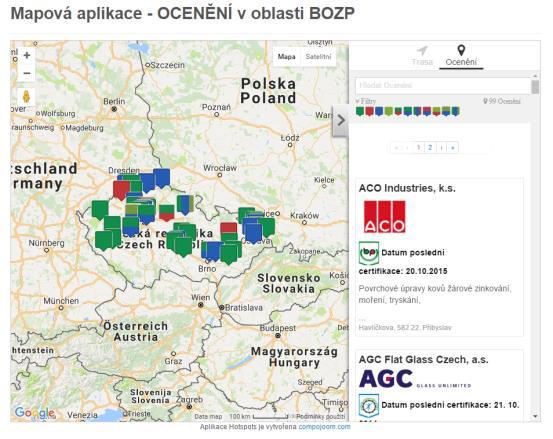 Každý záznam obsahuje základní informace o subjektu s odkazem na webové stránky, datem certifikace a případně dalšími podrobnostmi.