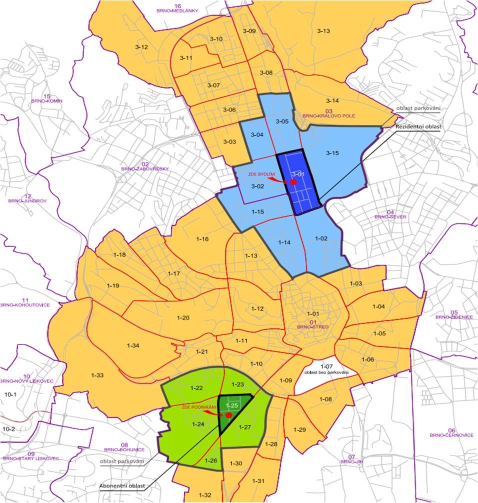 Město je rozděleno na funkční oblasti (bez ohledu na městské části) Rezident a Abonent mohou parkovat nejen ve svojí oblasti, ale rovněž v okolních oblastech se stejnými výhodami