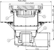 stavitelným nástavcem ø195 mm s litinovým rámem 260x260mm a litinovou mříží, odkalovacím košem. Třída zatíženi M125 (12500 kg).