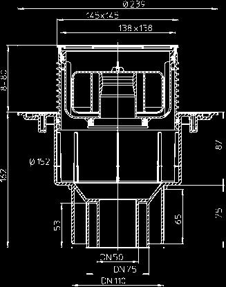 HL3020 Plastový nástavec ø110 mm s možností délkové úpravy s nerezovým rámem 132 x 132 mm a krytem-nerez pro vložení dlažby 112 x 112 mm, vnitřní rozměr plochy krytu pro vložení dlaždice 104 x 104 x