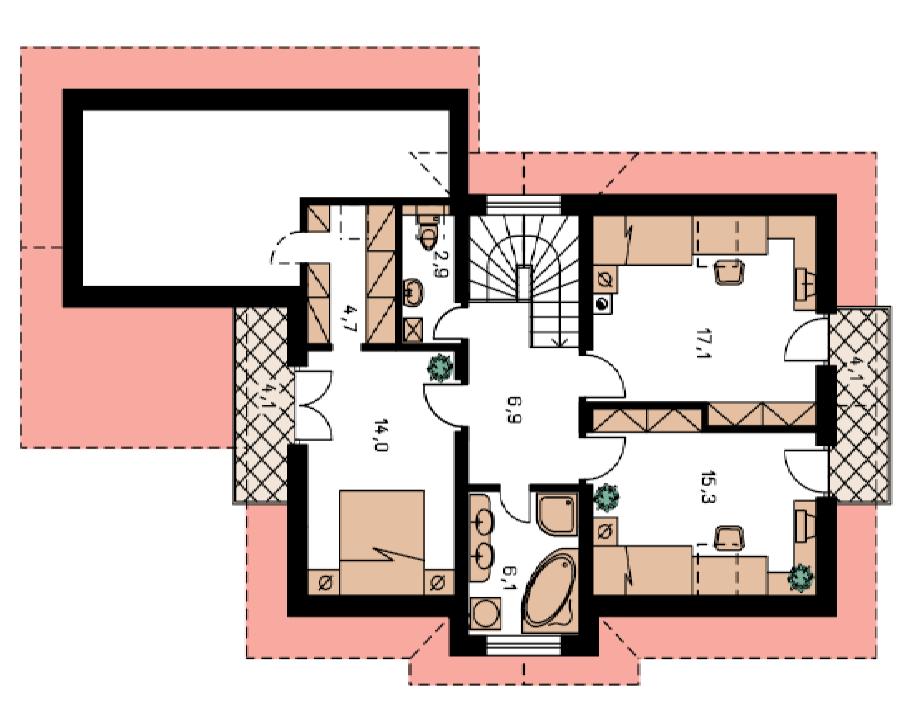 3 Výkonová bilance systémů inels, Ego-n, KNX 46 V 1. poschodí se nachází 3 obytné pokoje s balkony, koupelna, WC a půda. Obr.